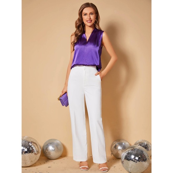 Rust orange Solid V Neck Satin sleeveless Blouse - Picture 6 of 12